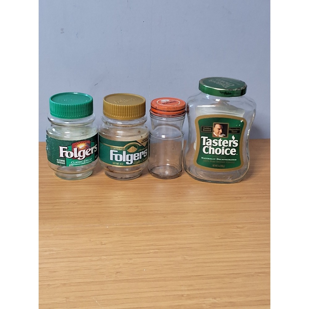 Vintage Coffee Jar Lot Folgers Tasters Choice Sanka Glass Jars with Lids 4pc